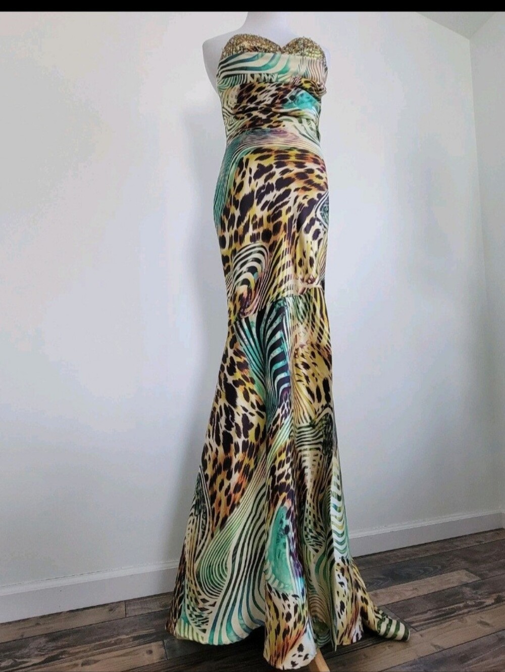 Terani Mermaid Dress Animal Print Gown Womens Size 4 Multicolor Green Front Slit